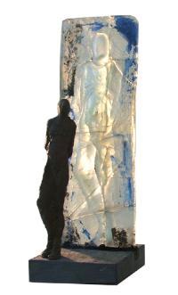 Glasrelief mit Bronzeskulptur von Norbert Marten, Galerie Mandos-Feldmann